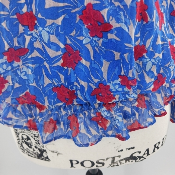 Lucky Brand Blouse One Shoulder Floral Blue Chiffon Elastic Waist Womens XS - Picture 2 of 7